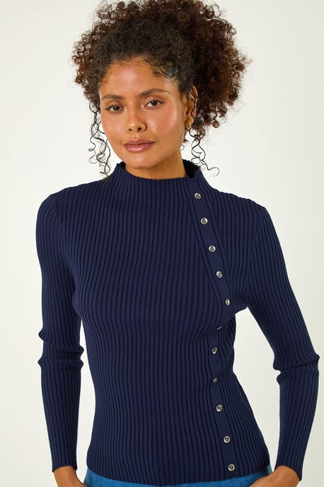 High Neck Button Detail Rib Jumper