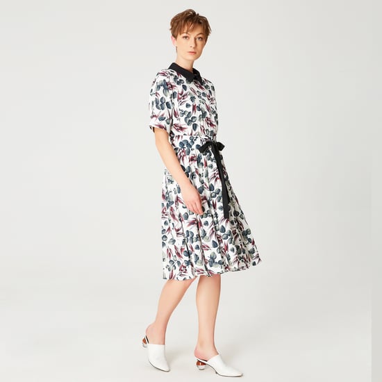 Fit-en-flare bladeren Printjurk met brede riem - Image 2