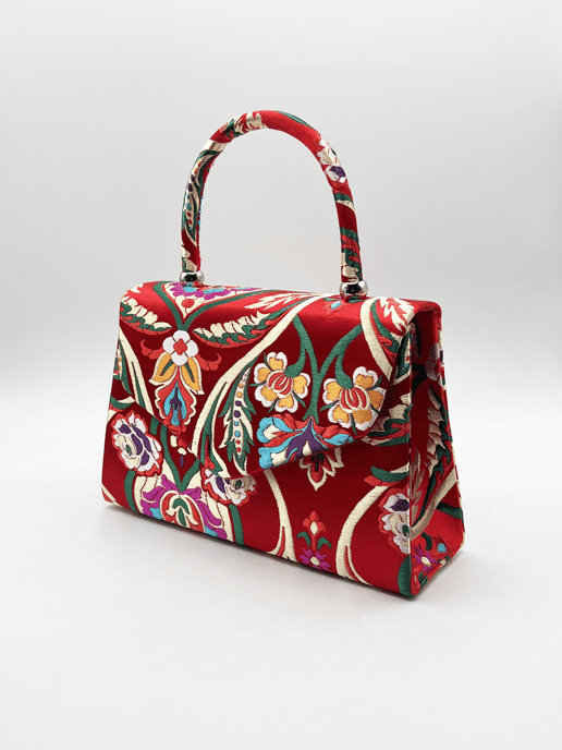 Red Satin Embroidered Top Handle Bag