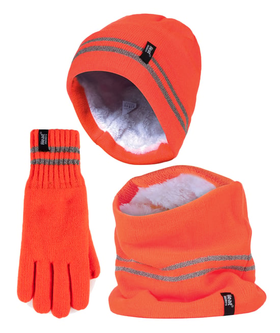 Hi Vis Hat, Neck Warmer & Gloves Set | Heat Holders | Reflective Workwear Set for Extreme Cold Weather - Orange - Image 1