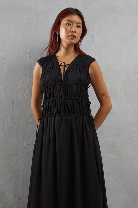 Chiffon Channel Detail Sleeveless Midi Dress