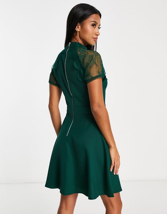 Liquorish Petite a line lace detail mini dress in emerald-Green