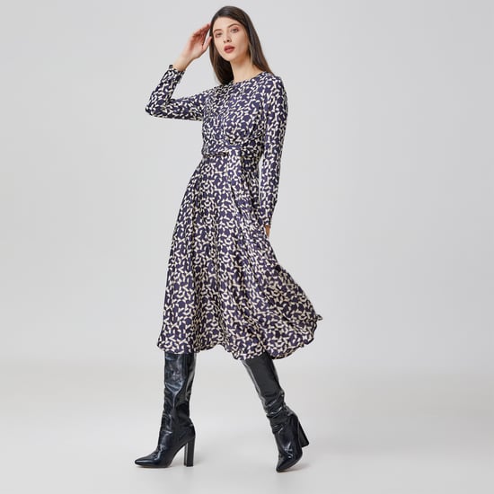 Flared printed satin dress with side knotted panel - Image 2