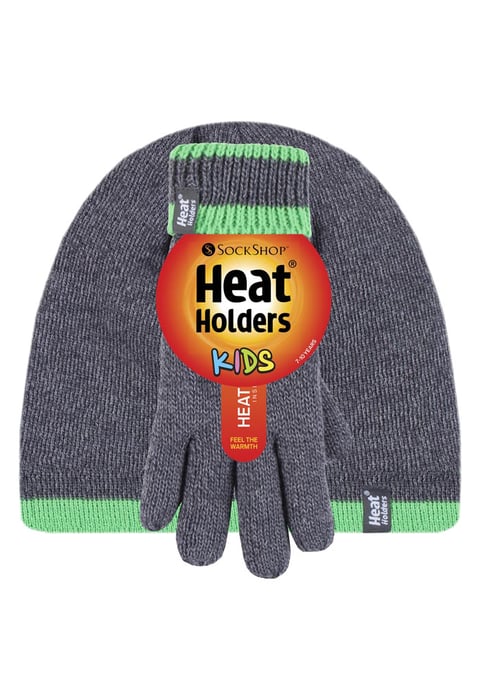 Heat Holders - Children Boys Winter Warm Fleece Lined Insulated Knit Turn Over Cuff Ribbed Hat and Gloves Set - CG1P8 - Image 2