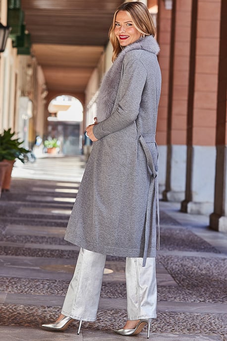 Light Grey Faux Fur Collar Longline Cardigan