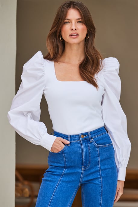 Petite Ivory Puff Sleeve Rib Jersey Top