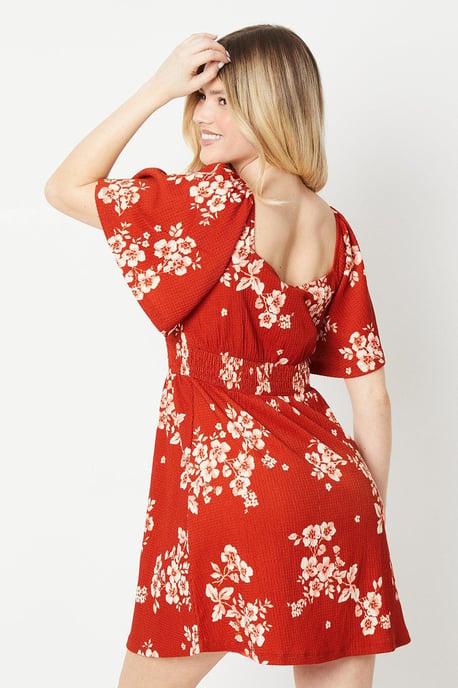 Red Ditsy Shirred Waist Mini Dress