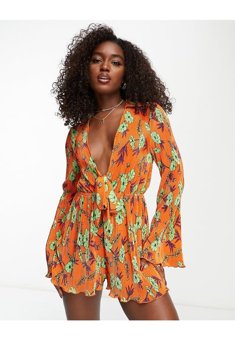 ASOS DESIGN plisse knot front playsuit in floral-Multi