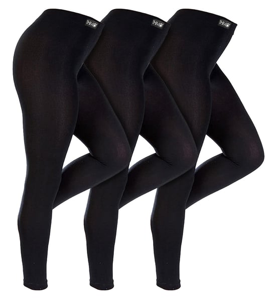 3 Pair Multipack Womens Winter Leggings | THMO | Warm Thermal Footless Tights in Black - Black - Image 1