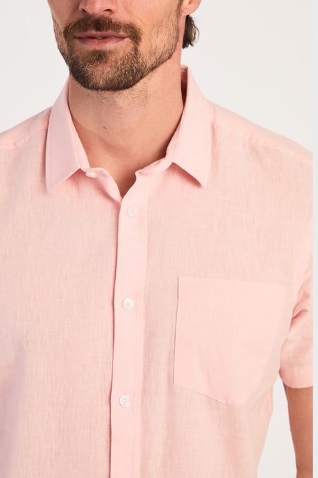 Pink Linen Blend Short Sleeve Button-Up Shirt With Chest Pocket
