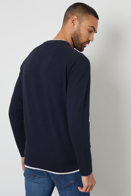 Navy Textured Mock T-Shirt Crew Neck Jumper