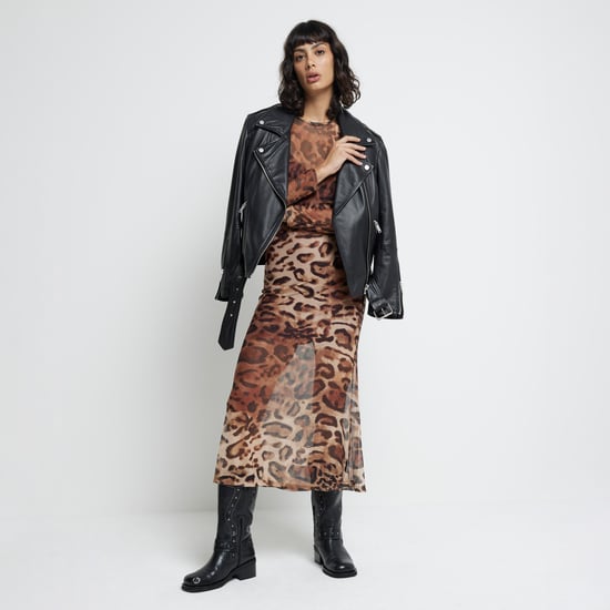 River Island Womens Bodycon Midi Dress Brown Mesh Leopard Print