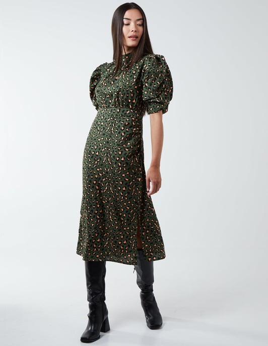 Leopard Print Ruched Side Midi Dress
