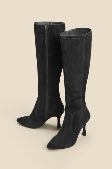 Black Suede Flared Heel Knee High Boots