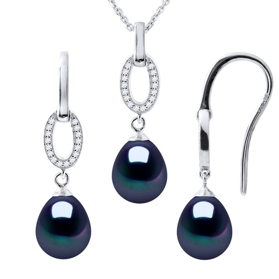 NORMANDY Adornment Necklace & Earrings Dangle Black Freshwater Pearl 925