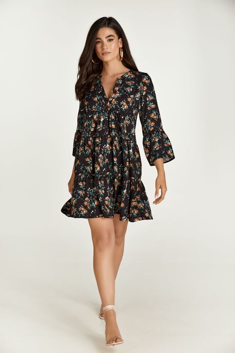 Black Floral A Line Dress with Bell Sleeves