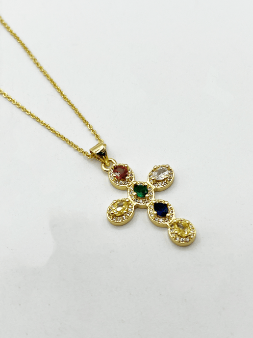 Cross Pendant Necklace in Multi Colour Stones - Gift Boxed - Image 4