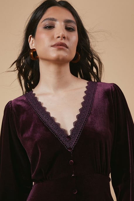 Velvet Lace Trim Button Through Midi Dress