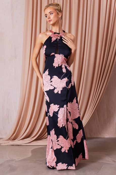 Black Floral Halter Neck Maxi Dress