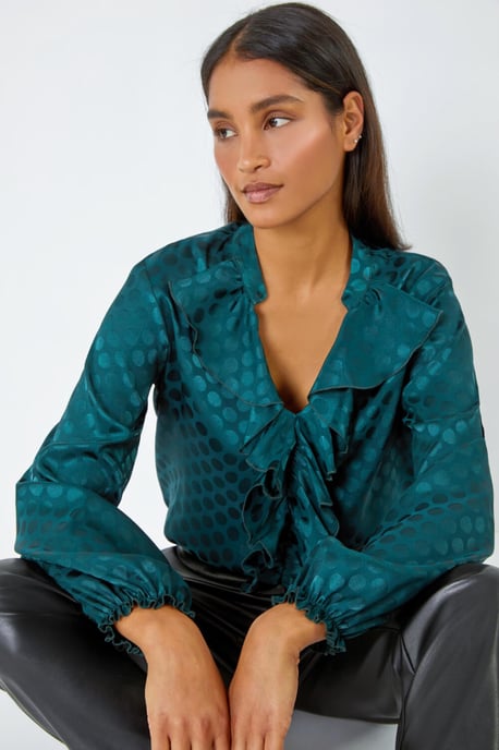Spot Print Ruffle Trim Stretch Top