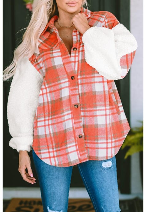 Women's Sherpa Sleeve Plaid Print Shacket in Red - Image 1