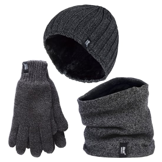 Mens Hat, Neck Warmer & Gloves Set | Heat Holders | Winter Knitted Warm Accessories Set - Grey - Image 1