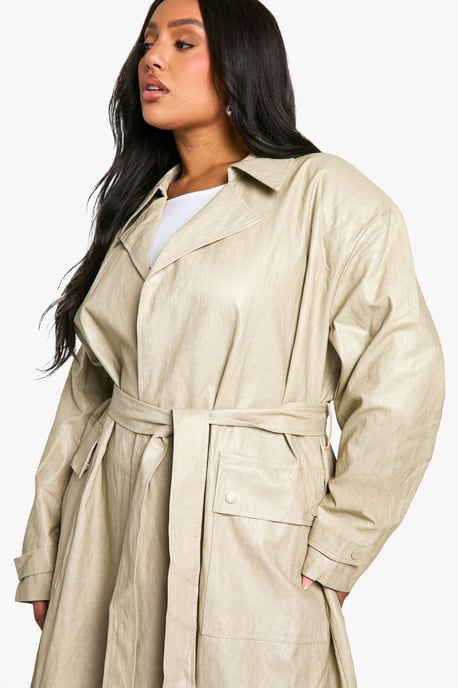 Plus Vintage Look Faux Leather Trench Coat - Image 4