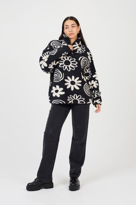 Black Quarter Zip Flower Print Fleece Sweatshirt