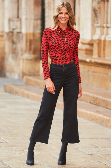 Red & Black Geometric Print Tie Neck Faux Wrap Top