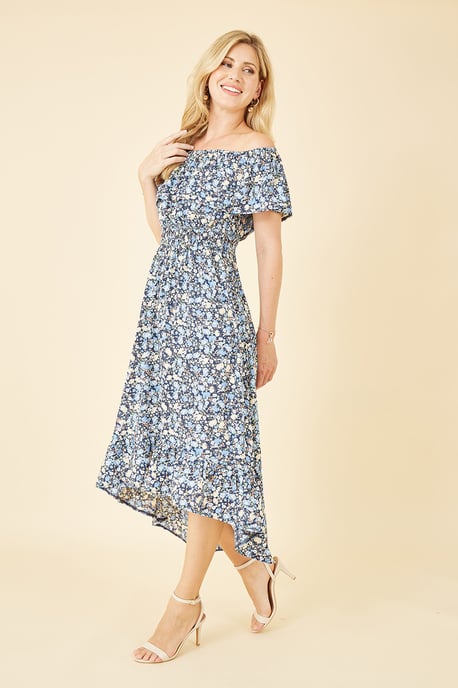 Blue Floral Ditsy Bardot Midi Dress