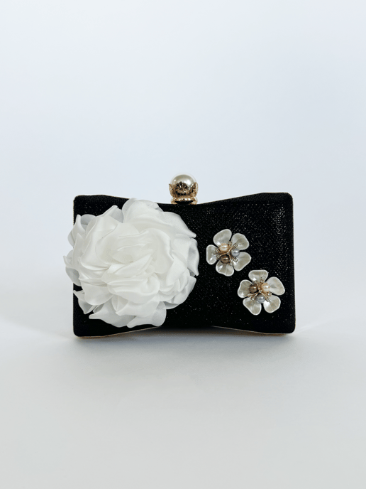 Square clutch Bag with 3D florals and Rhinestone handle in Black