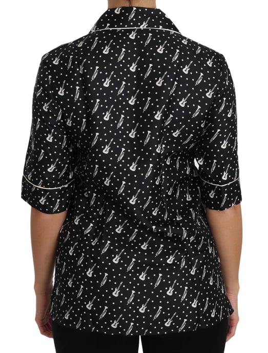Dolce & Gabbana Women's Black Guitar & Trumpet Print Silk Shirt Top - Image 3