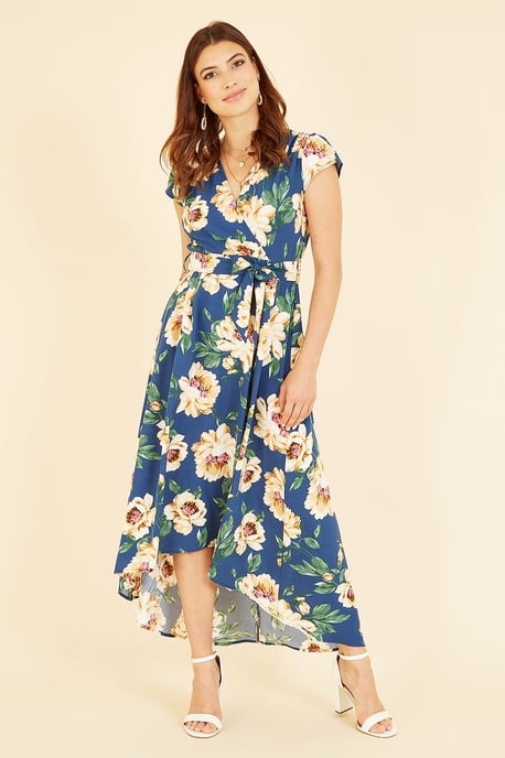 Mela Blue Painted Floral Print Dipped Hem Wrap Dress