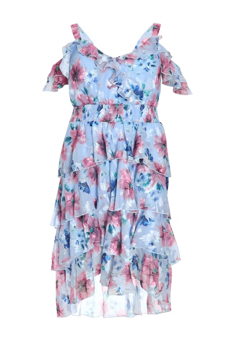 Curve Blue Floral Chiffon Tiered Midi Dress