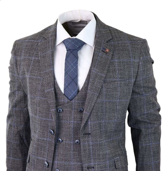 Heren 3-delig grijs met blauw geruit tweed vintage klassiek pak - Image 5