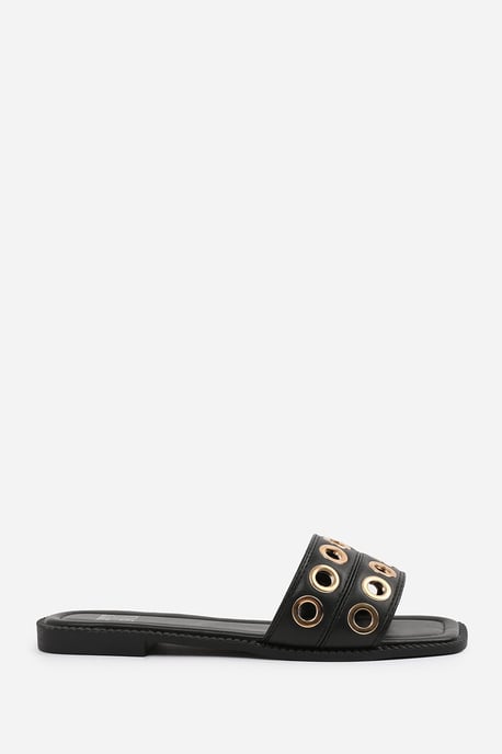 Women's Wheres That From Open Toe Flat Slide Sandals in BlackPU - Image 2