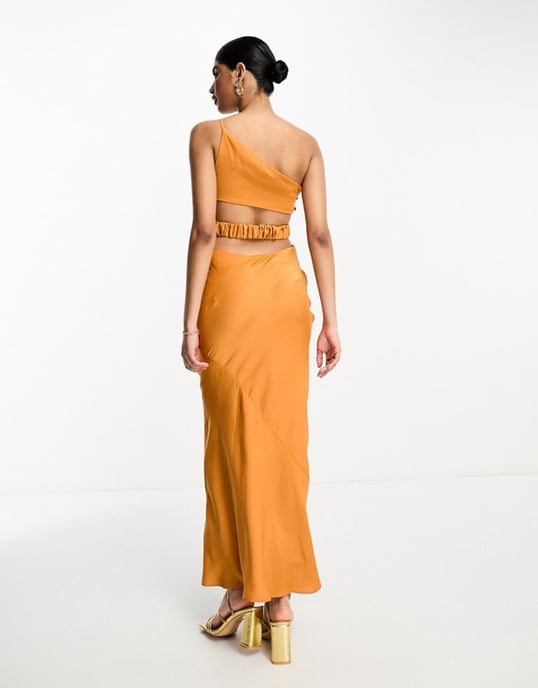 ASOS DESIGN satin one shoulder maxi dress with cut out elastic band detail in sunset orange - Image 2