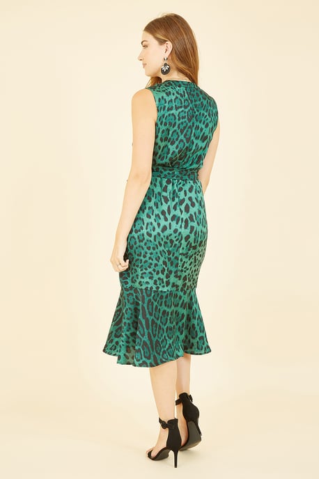 Mela Green Animal Print Satin Wrap Midi Dress
