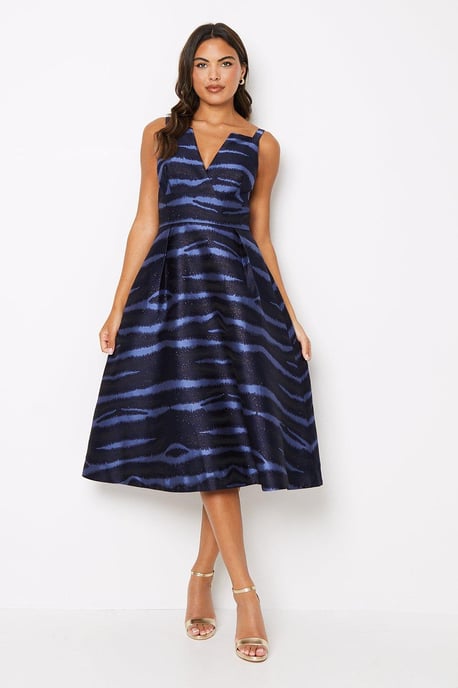 Notch Neck Stripe Jacquard Midi Dress - Image 1