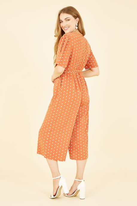 Orange Spot Print Retro Culotte Jumpsuit