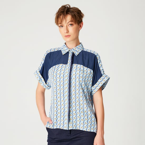 Color block short sleeves shirt with geometric print