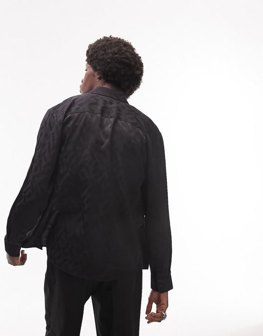 Topman short sleeve regular jacquard satin shirt in black