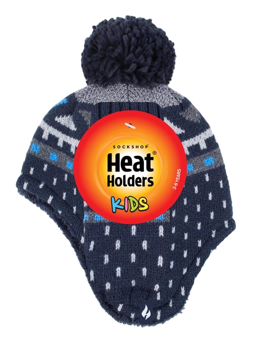 Heat Holders - Boys Outdoor Faux Fur Pom Pom Hat with Ear Flaps & Mittens Gloves - Navy - Image 2