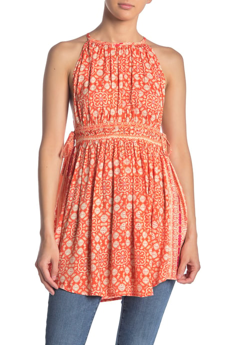 Free People Women's Top Orange  Tunic Halter Satin Tie Up