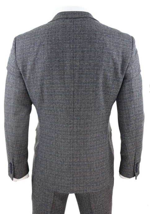 Mens 3 Piece Navy Blue Tweed Check Vintage Retro Suit - Image 3