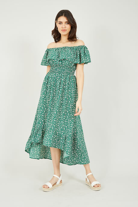 Mela Green Ditsy Daisy Printed Dipped Hem Bardot Dress - Image 3