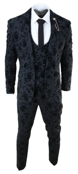 Mens 3 Piece Black Paisley Velvet Dinner Suit - Image 2