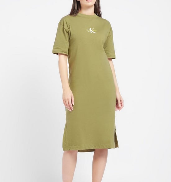 Women's Calvin Klein Monogram Logo T-Shirt Dress in olive
