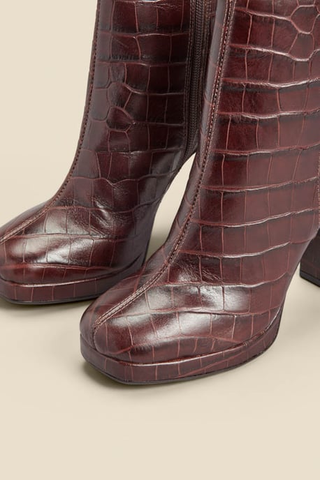 Chocolate Croc Leather Block Heel Platform Ankle Boot