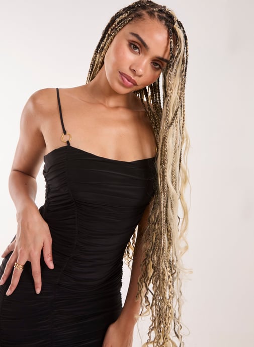 Ruched Gold Ring Strappy Midi Dress